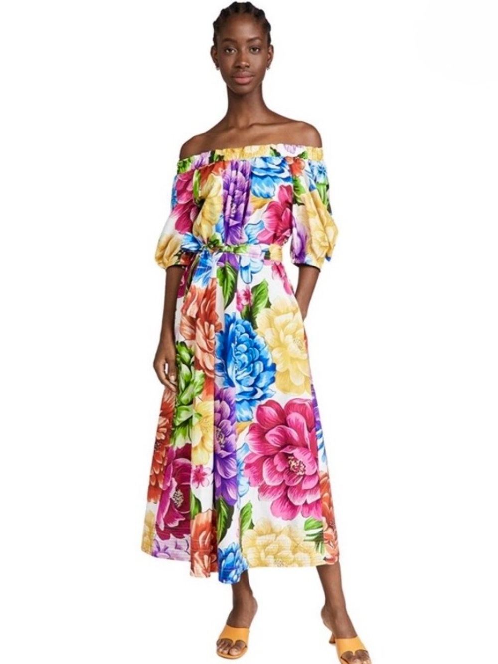 Farm Rio Rainbow Chita Off-the-Shoulder Puff Sleeve Maxi Dress Size Small